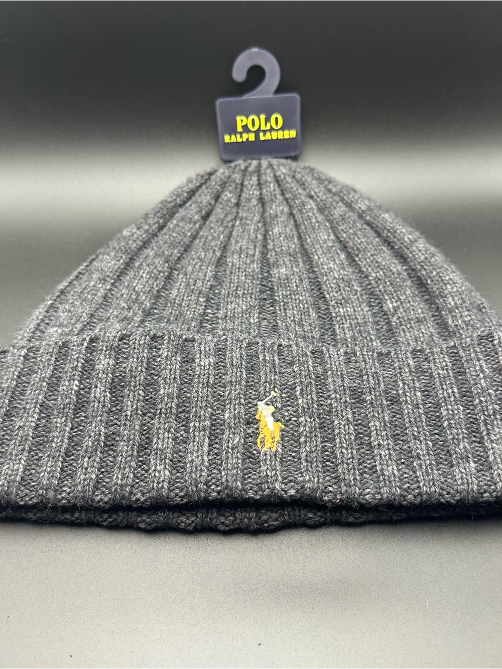 Polo by Ralph Lauren Dark Gray Ribbed Knit Cuffed Beanie with Yellow Logo